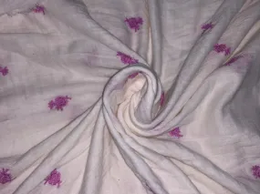 100% Cotton double cloth cotton print WHITE IVORY with pink floral embroidery motif [16466]