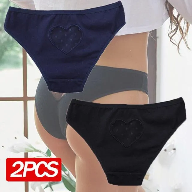 2 Pack Cotton Mix Panties Heart Hollow Out Briefs Low-Waist Underpants Seamless Underwear