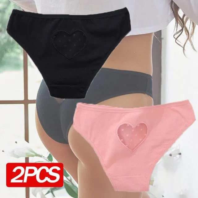 2 Pack Cotton Mix Panties Heart Hollow Out Briefs Low-Waist Underpants Seamless Underwear