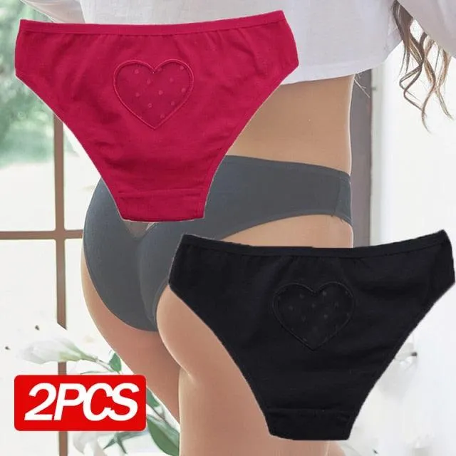 2 Pack Cotton Mix Panties Heart Hollow Out Briefs Low-Waist Underpants Seamless Underwear