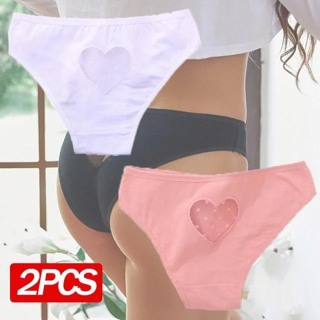 2 Pack Cotton Mix Panties Heart Hollow Out Briefs Low-Waist Underpants Seamless Underwear