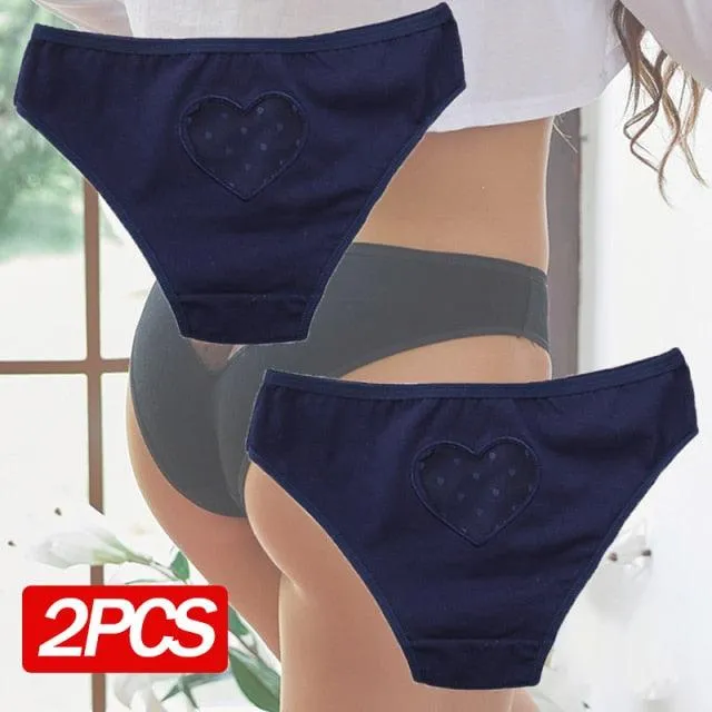 2 Pack Cotton Mix Panties Heart Hollow Out Briefs Low-Waist Underpants Seamless Underwear