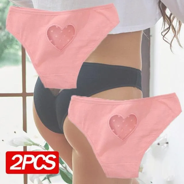 2 Pack Cotton Mix Panties Heart Hollow Out Briefs Low-Waist Underpants Seamless Underwear