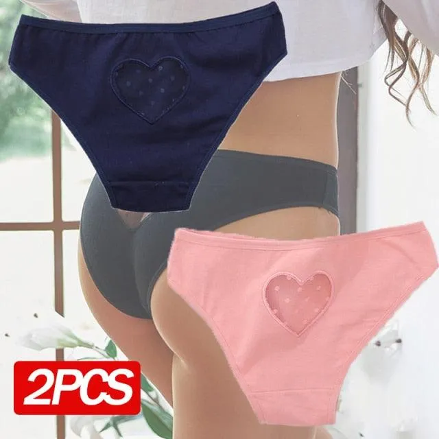 2 Pack Cotton Mix Panties Heart Hollow Out Briefs Low-Waist Underpants Seamless Underwear