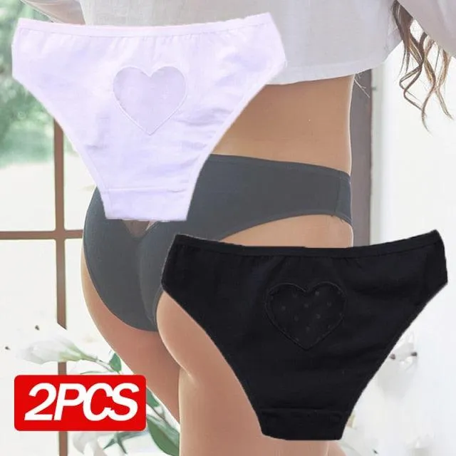 2 Pack Cotton Mix Panties Heart Hollow Out Briefs Low-Waist Underpants Seamless Underwear