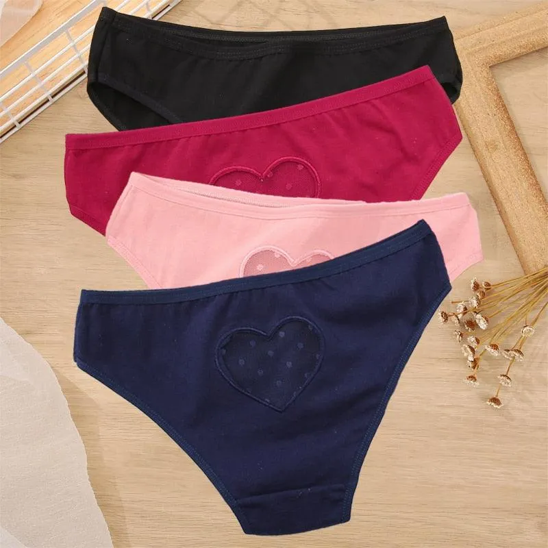 2 Pack Cotton Mix Panties Heart Hollow Out Briefs Low-Waist Underpants Seamless Underwear