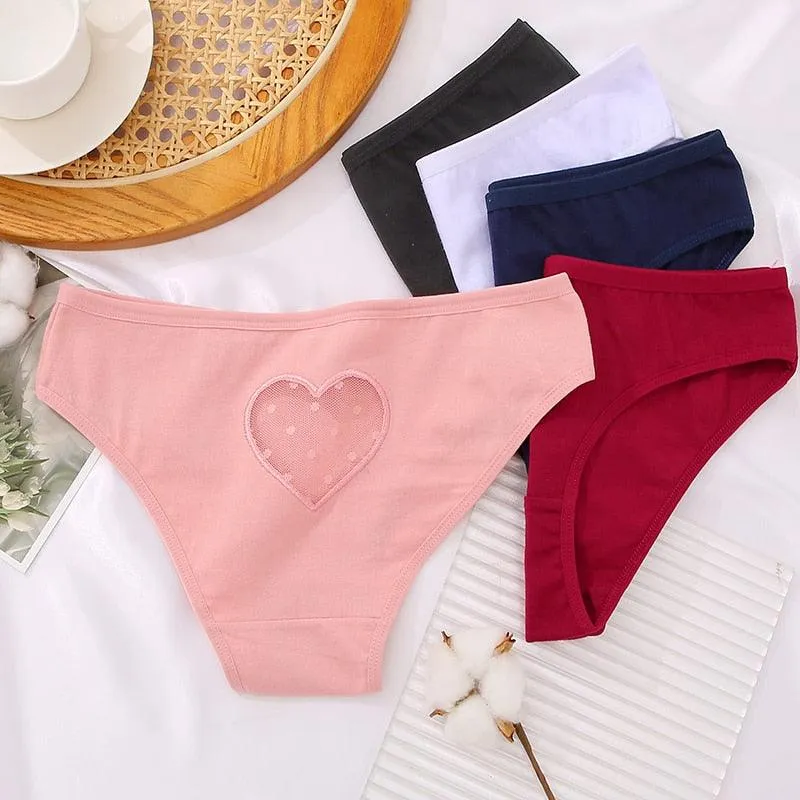 2 Pack Cotton Mix Panties Heart Hollow Out Briefs Low-Waist Underpants Seamless Underwear