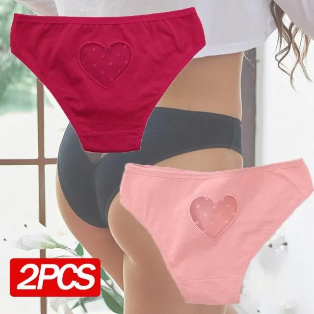 2 Pack Cotton Mix Panties Heart Hollow Out Briefs Low-Waist Underpants Seamless Underwear