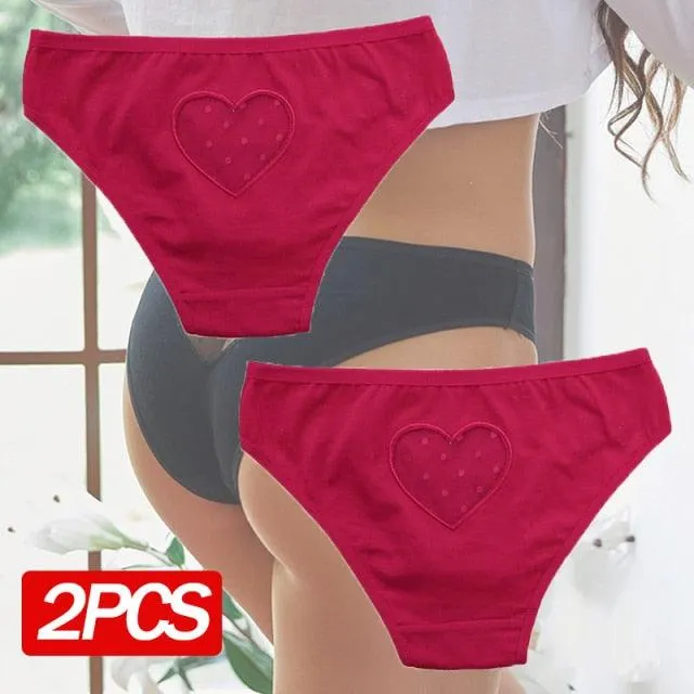 2 Pack Cotton Mix Panties Heart Hollow Out Briefs Low-Waist Underpants Seamless Underwear