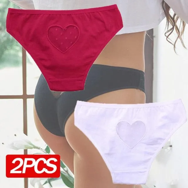 2 Pack Cotton Mix Panties Heart Hollow Out Briefs Low-Waist Underpants Seamless Underwear