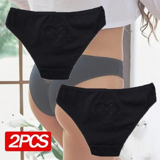 2 Pack Cotton Mix Panties Heart Hollow Out Briefs Low-Waist Underpants Seamless Underwear