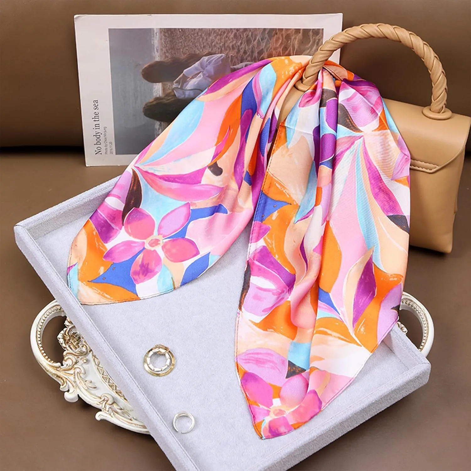 27.5 Inches Satin Head Scarf for Women Silk-Like Floral Hair Scarf, Neck Scarf for Women, Multi-Use Square Scarf