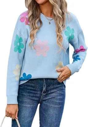 Angashion Womens Sweaters Flower Print - Crewneck Knitted Long Sleeve Sweaters Fall Winter Pullover Casual Top