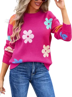Angashion Womens Sweaters Flower Print - Crewneck Knitted Long Sleeve Sweaters Fall Winter Pullover Casual Top