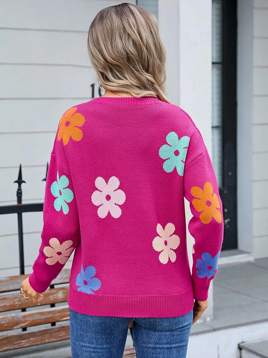Angashion Womens Sweaters Flower Print - Crewneck Knitted Long Sleeve Sweaters Fall Winter Pullover Casual Top