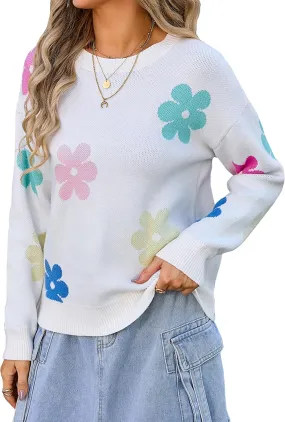 Angashion Womens Sweaters Flower Print - Crewneck Knitted Long Sleeve Sweaters Fall Winter Pullover Casual Top