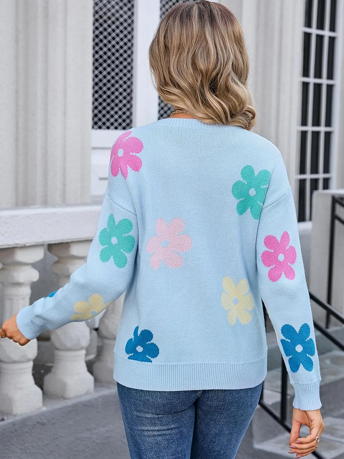 Angashion Womens Sweaters Flower Print - Crewneck Knitted Long Sleeve Sweaters Fall Winter Pullover Casual Top