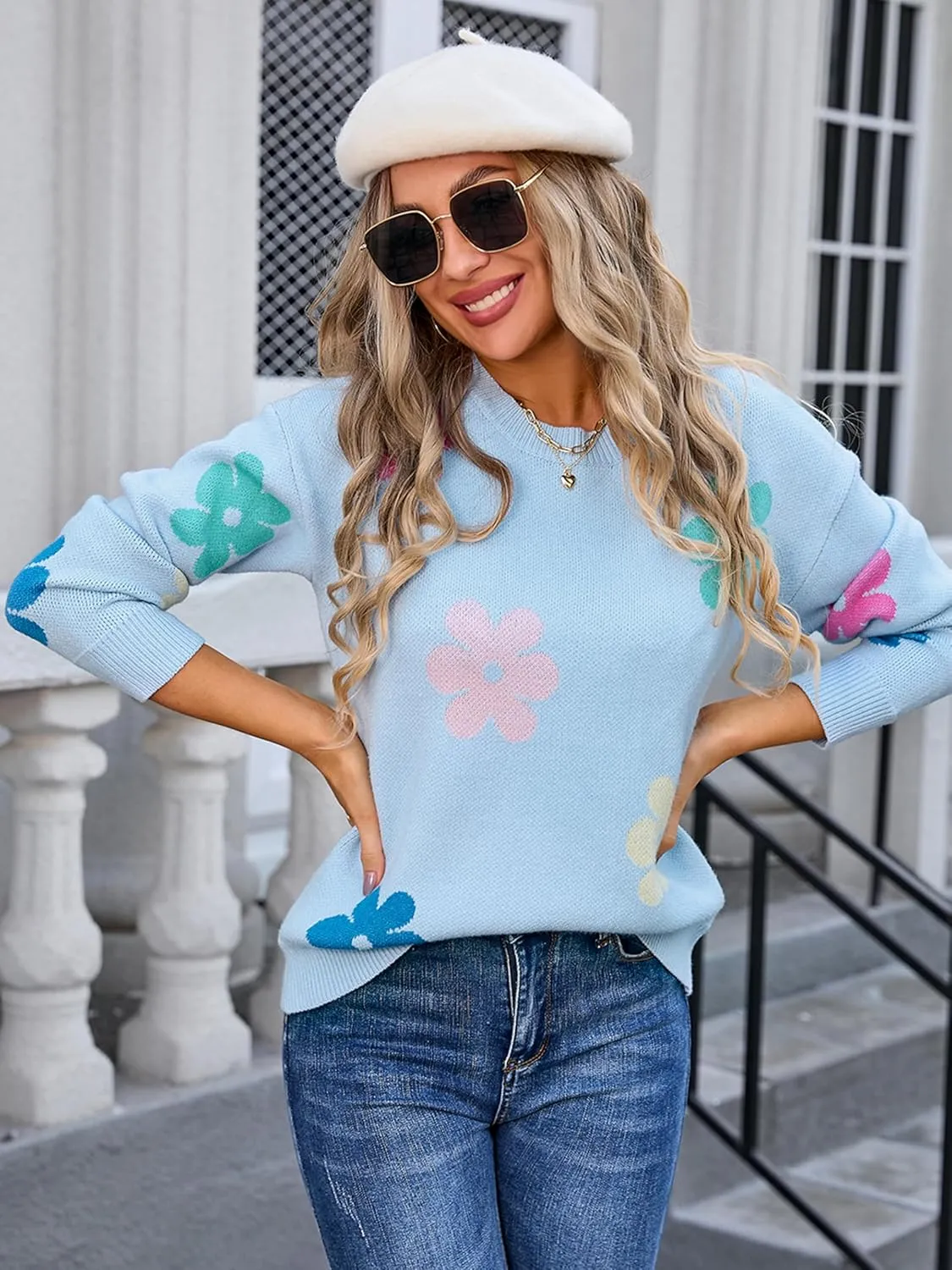 Angashion Womens Sweaters Flower Print - Crewneck Knitted Long Sleeve Sweaters Fall Winter Pullover Casual Top