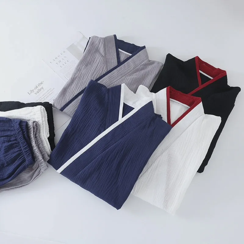 Black Cotton Colorblock Kimono Pajama Set