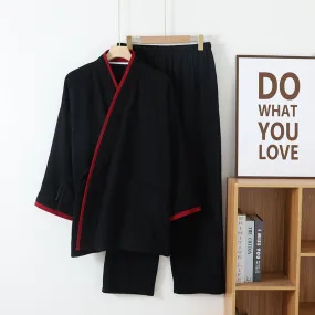 Black Cotton Colorblock Kimono Pajama Set
