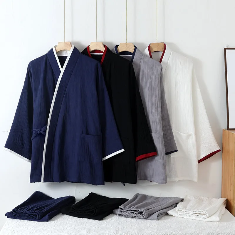 Black Cotton Colorblock Kimono Pajama Set