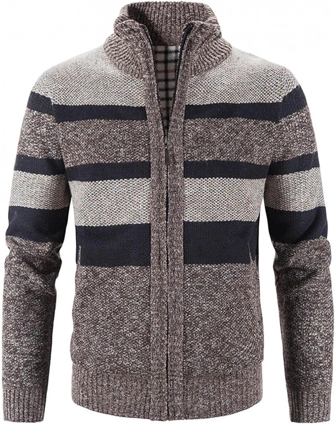 Burband Mens Casual Stand Collar Stripes Zipper Knitted Cardigan Sweaters Christmas Reindeer Snowflake Pullover Sweaters