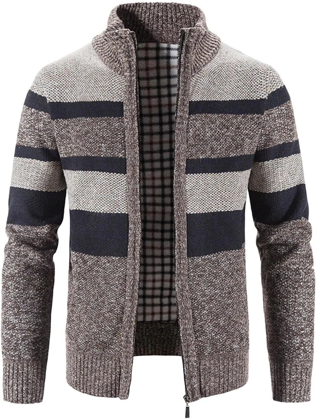 Burband Mens Casual Stand Collar Stripes Zipper Knitted Cardigan Sweaters Christmas Reindeer Snowflake Pullover Sweaters