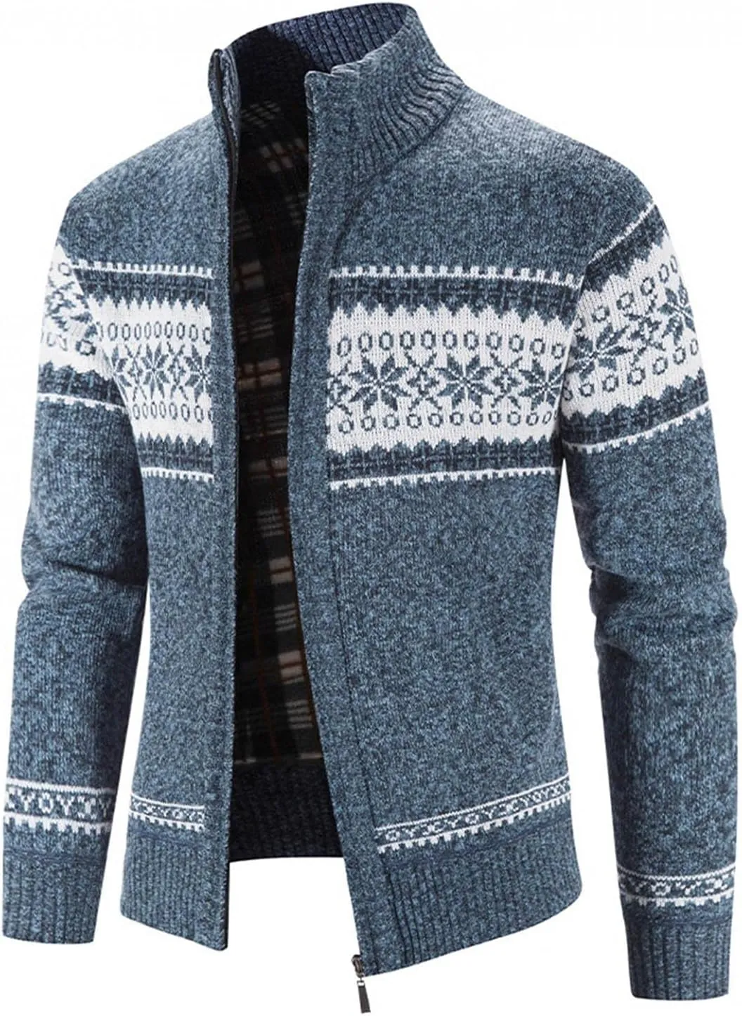 Burband Mens Casual Stand Collar Stripes Zipper Knitted Cardigan Sweaters Christmas Reindeer Snowflake Pullover Sweaters