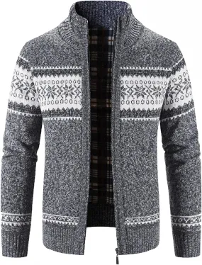 Burband Mens Casual Stand Collar Stripes Zipper Knitted Cardigan Sweaters Christmas Reindeer Snowflake Pullover Sweaters