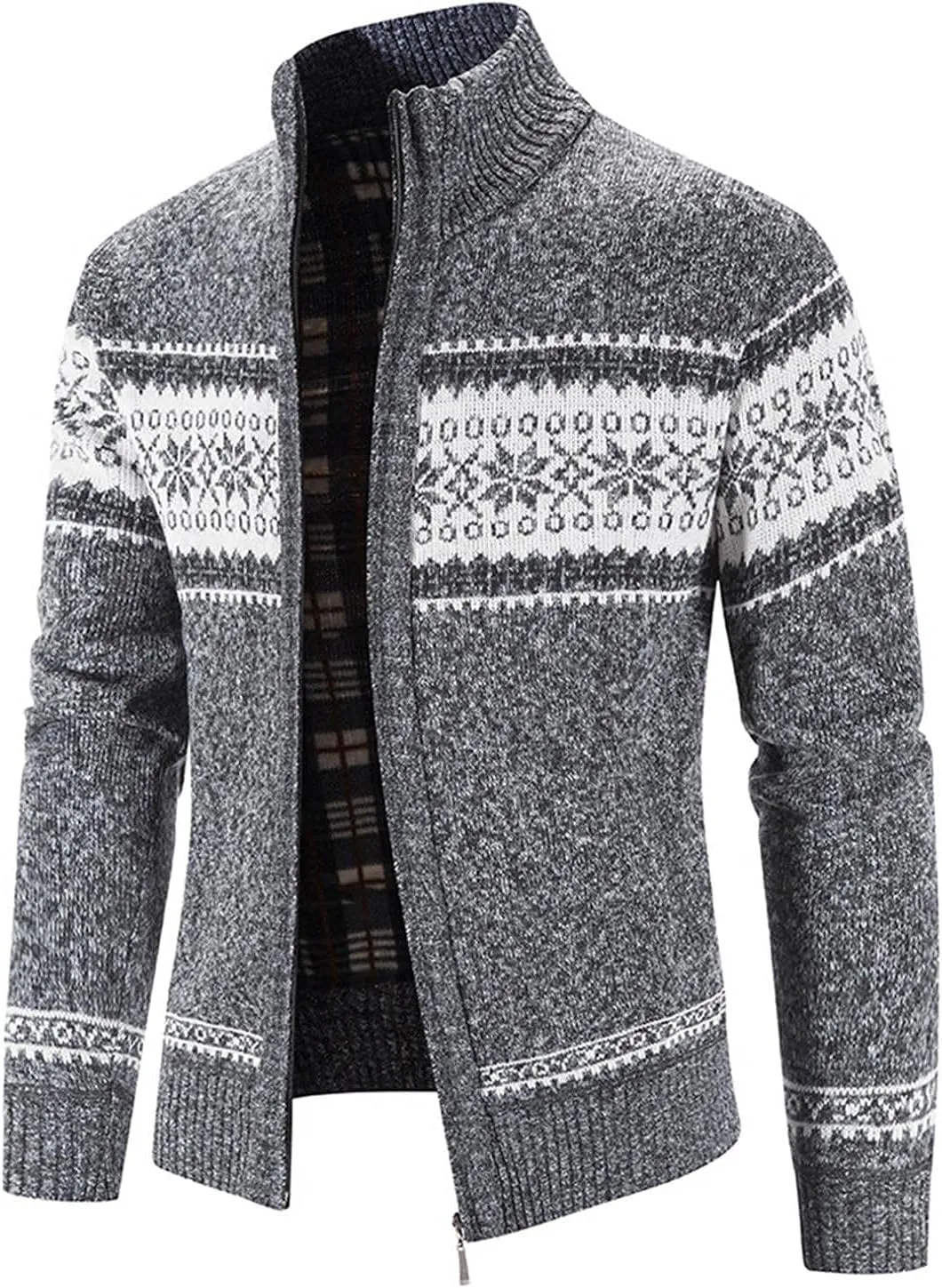 Burband Mens Casual Stand Collar Stripes Zipper Knitted Cardigan Sweaters Christmas Reindeer Snowflake Pullover Sweaters