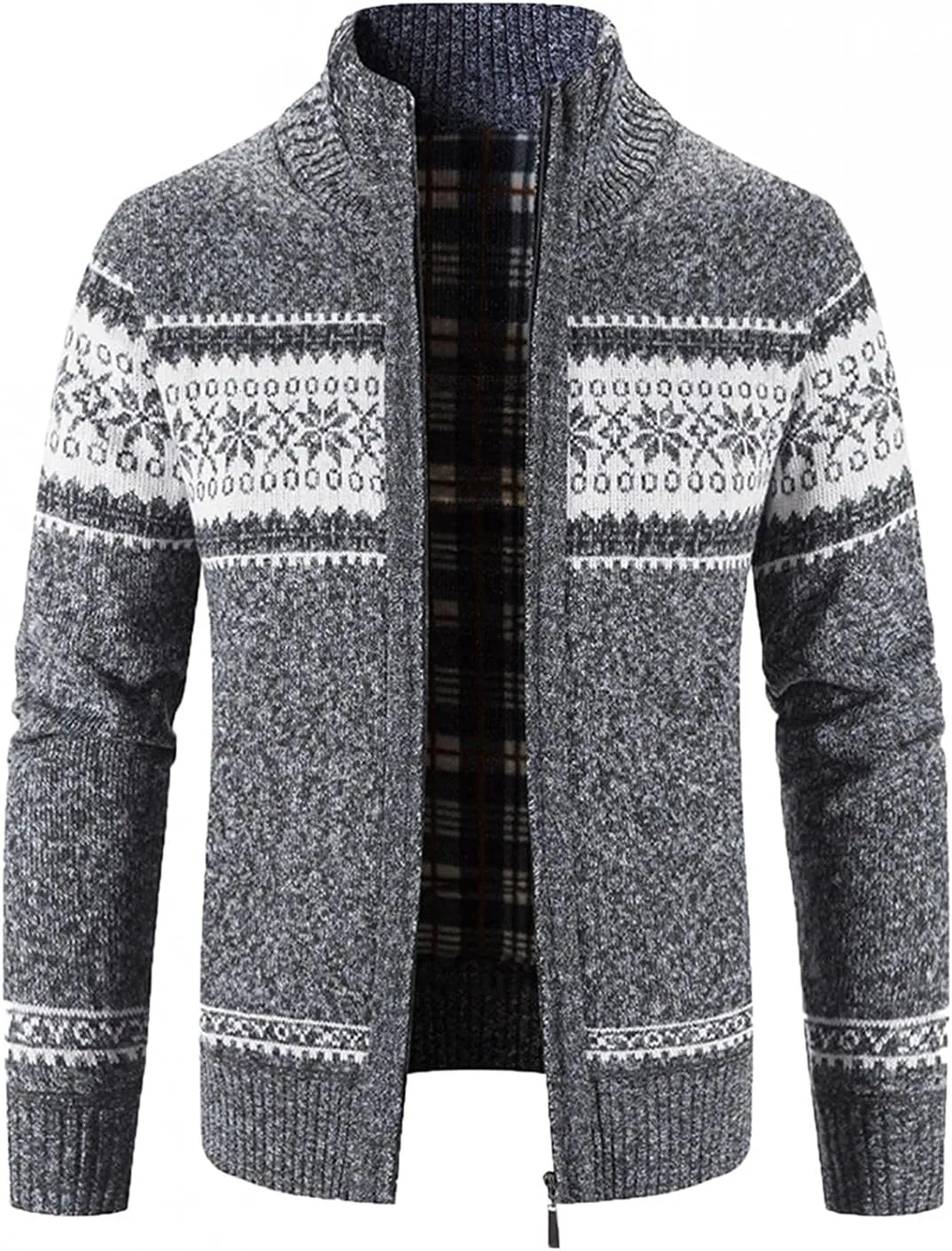 Burband Mens Casual Stand Collar Stripes Zipper Knitted Cardigan Sweaters Christmas Reindeer Snowflake Pullover Sweaters