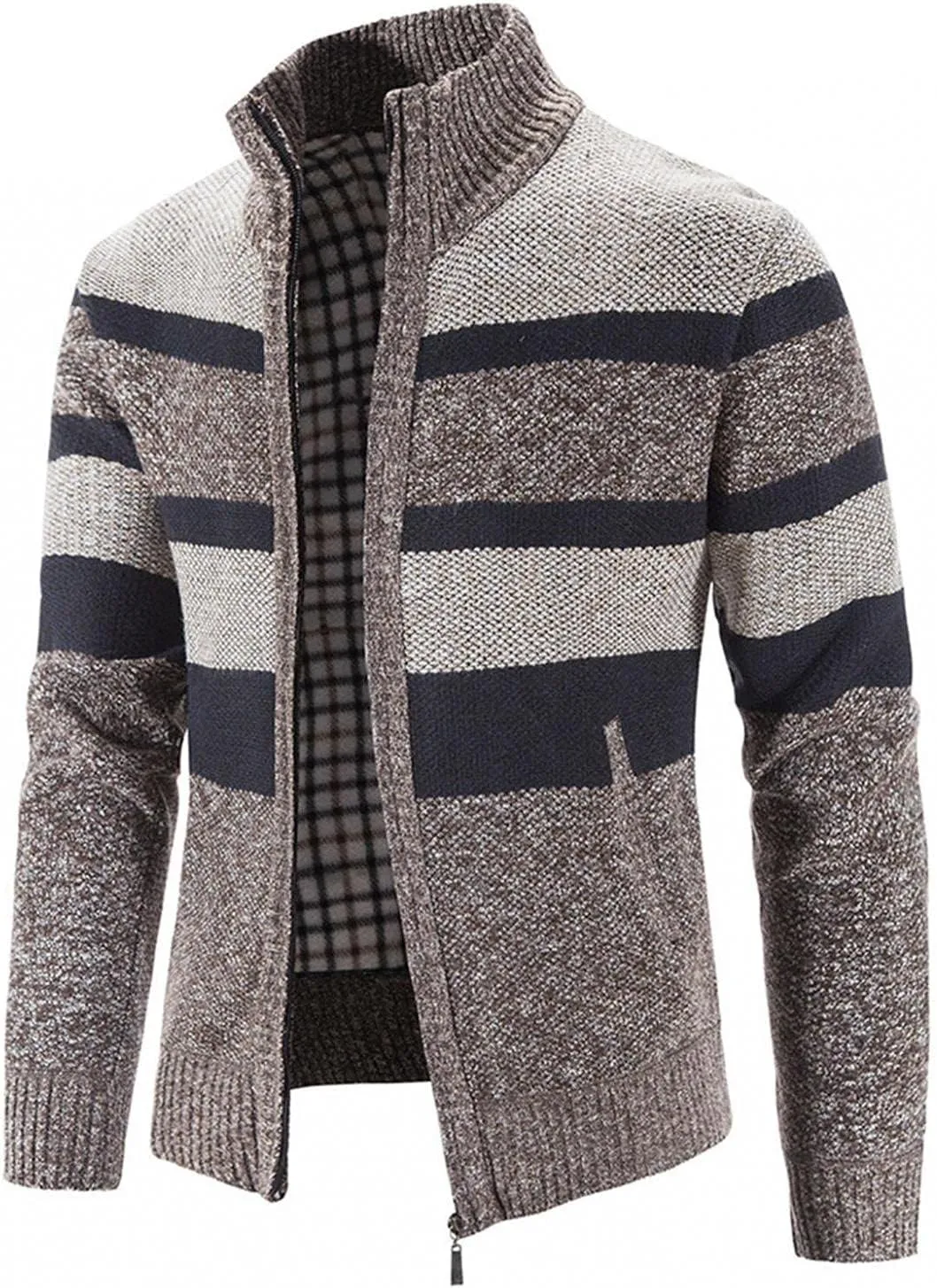 Burband Mens Casual Stand Collar Stripes Zipper Knitted Cardigan Sweaters Christmas Reindeer Snowflake Pullover Sweaters