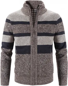 Burband Mens Casual Stand Collar Stripes Zipper Knitted Cardigan Sweaters Christmas Reindeer Snowflake Pullover Sweaters