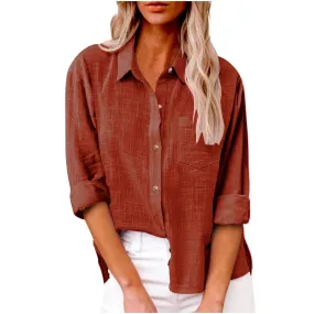 Button Down Shirts for Women, Long Sleeve Shirts for Women Fall Cotton Linen Tops Blouses Casual Button Down T Shirts Lightweight Cardigans with Pocket Fashion 2024 Womens Tops Trendy B-orange