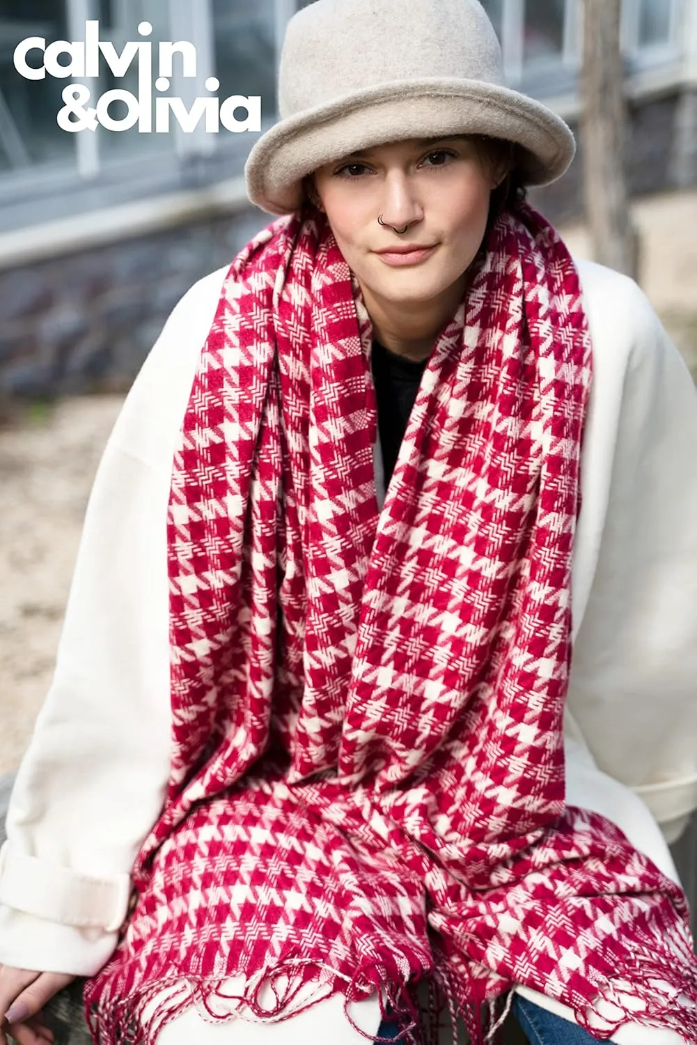 CALVIN & OLIVIA Women's Fall Winter Scarf Thick Classic Plaid Scarf Wrap Warmth Soft Oversized Cashmere Feel Scarves