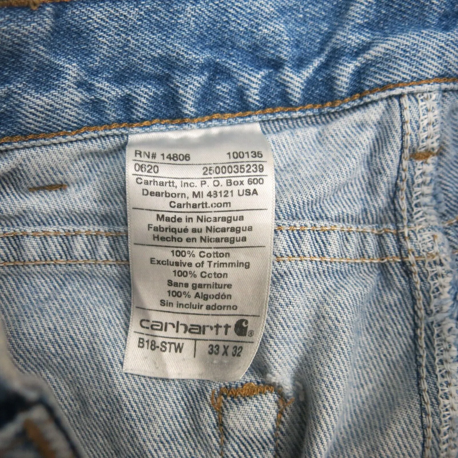 Carhartt Jeans Mens W33XL32 Blue Denim Straight Leg 100% Cotton Casual Pockets