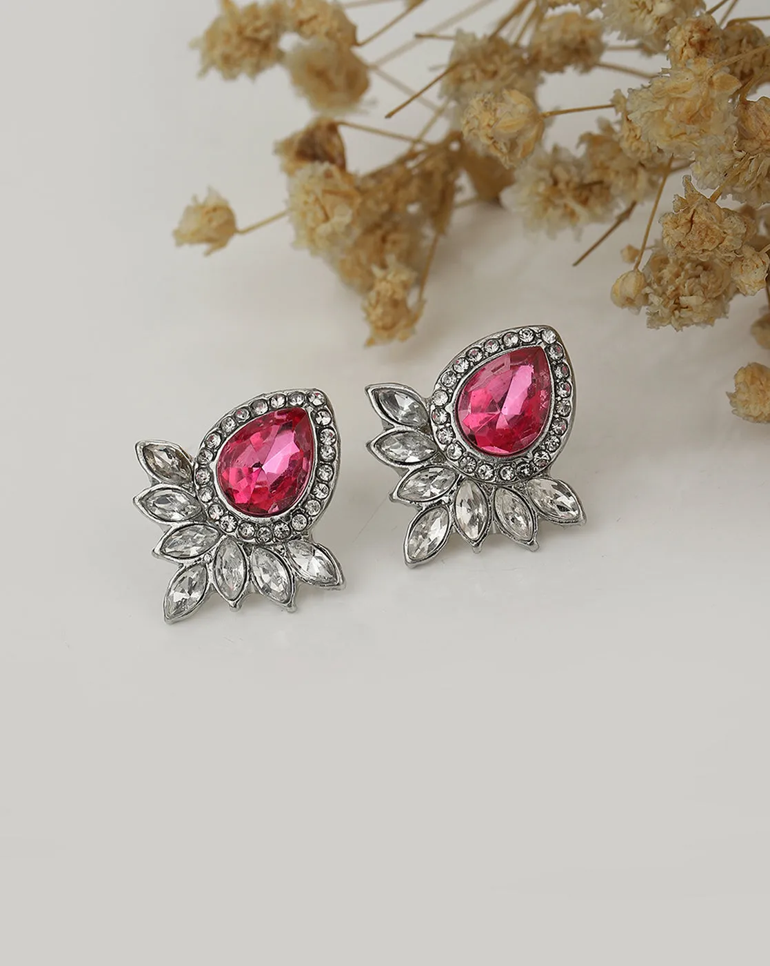 Carlton London Rhodium Plated Silver Toned Pink Cz Studded Teardrop Shape Stud Earrings For Women