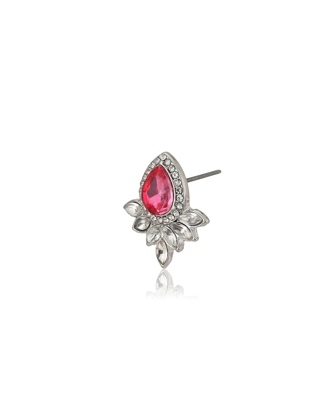 Carlton London Rhodium Plated Silver Toned Pink Cz Studded Teardrop Shape Stud Earrings For Women