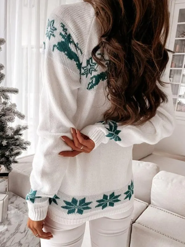 Charming Christmas Elk Jacquard Knit Sweater - Women's Holiday Fashion Top