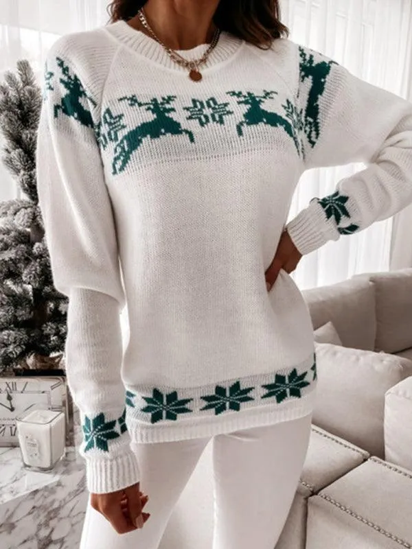 Charming Christmas Elk Jacquard Knit Sweater - Women's Holiday Fashion Top