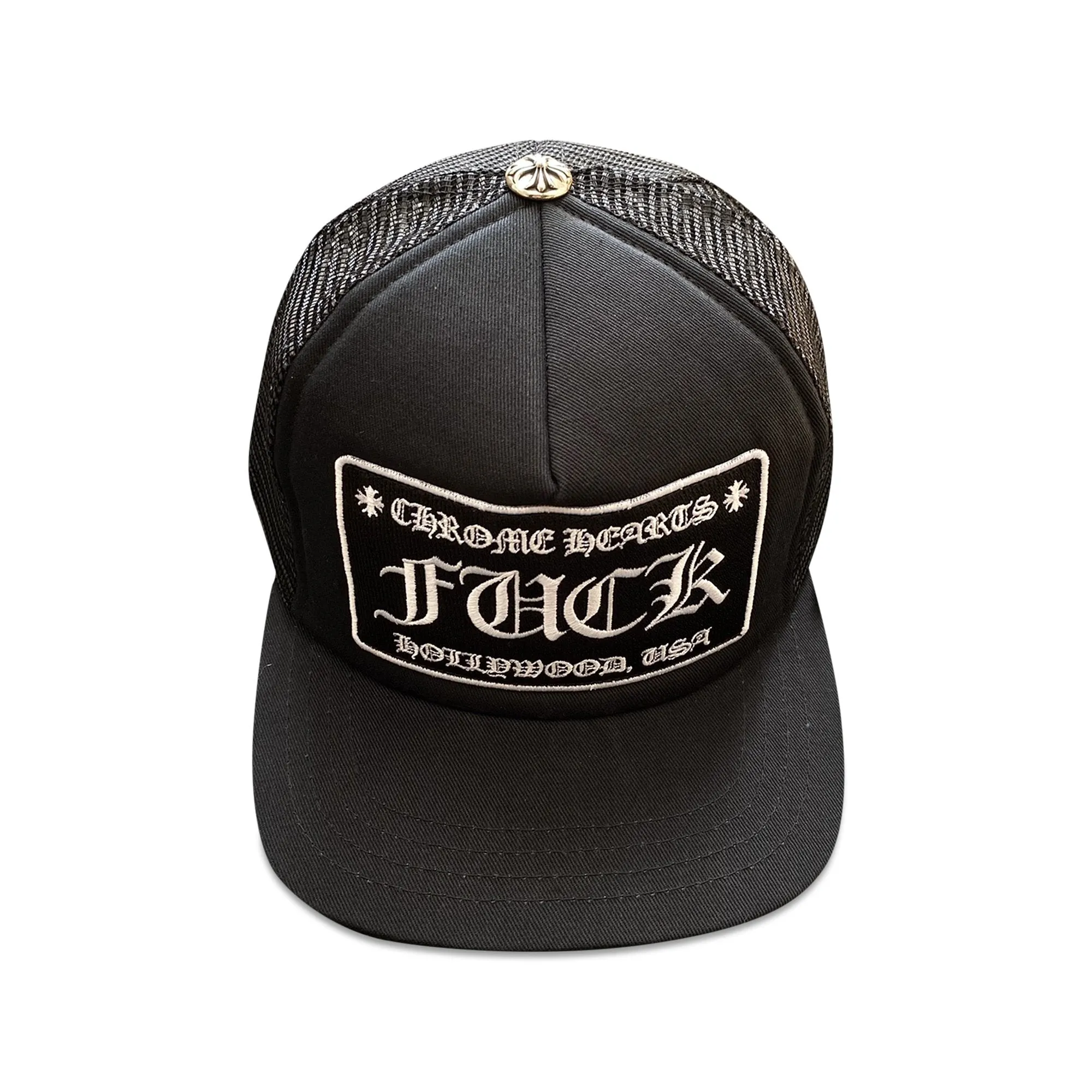 Chrome Hearts F**k Hollywood Tr**ker Cap, black and white