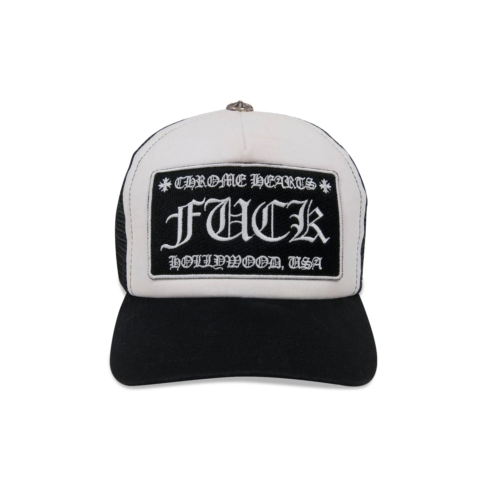 Chrome Hearts F**k Hollywood Tr**ker Cap, black and white