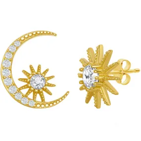 Classic Women's Earrings - Gold Plated Sun and Moon CZ Stud Post Back Closure | D-7825