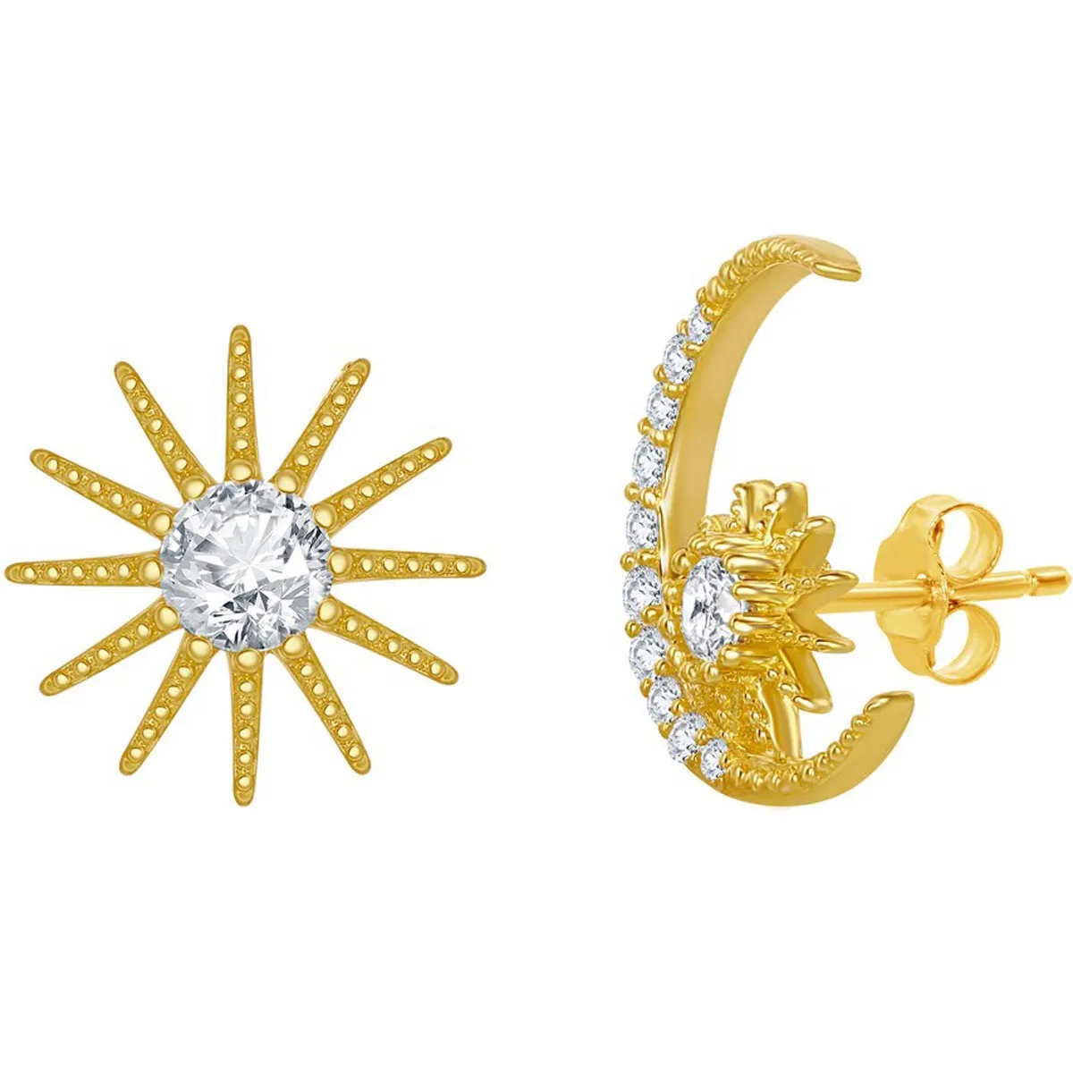 Classic Women's Earrings - Gold Plated Sun and Moon CZ Stud Post Back Closure | D-7825