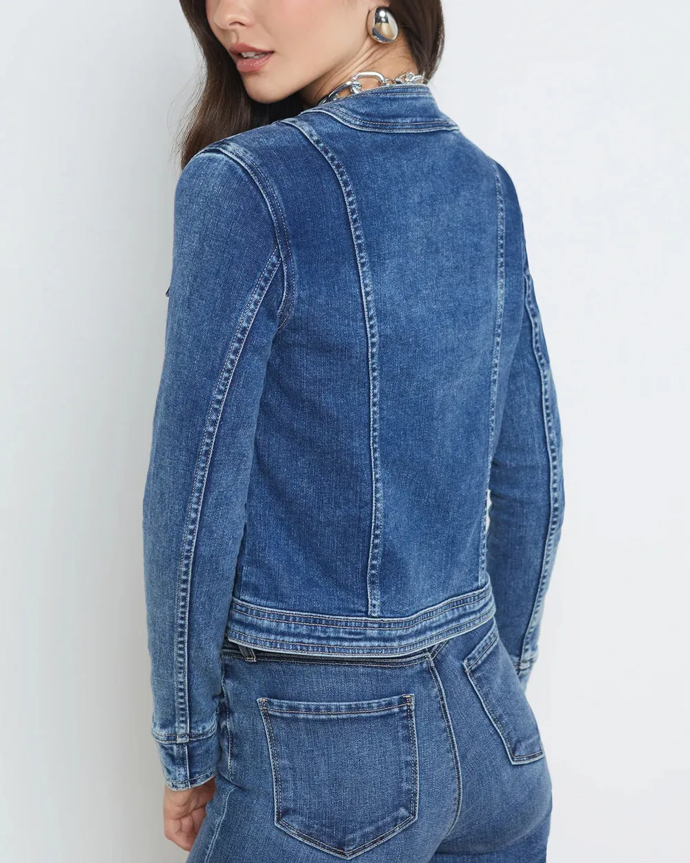 Collarless Yari Denim Jacket in Rhodes