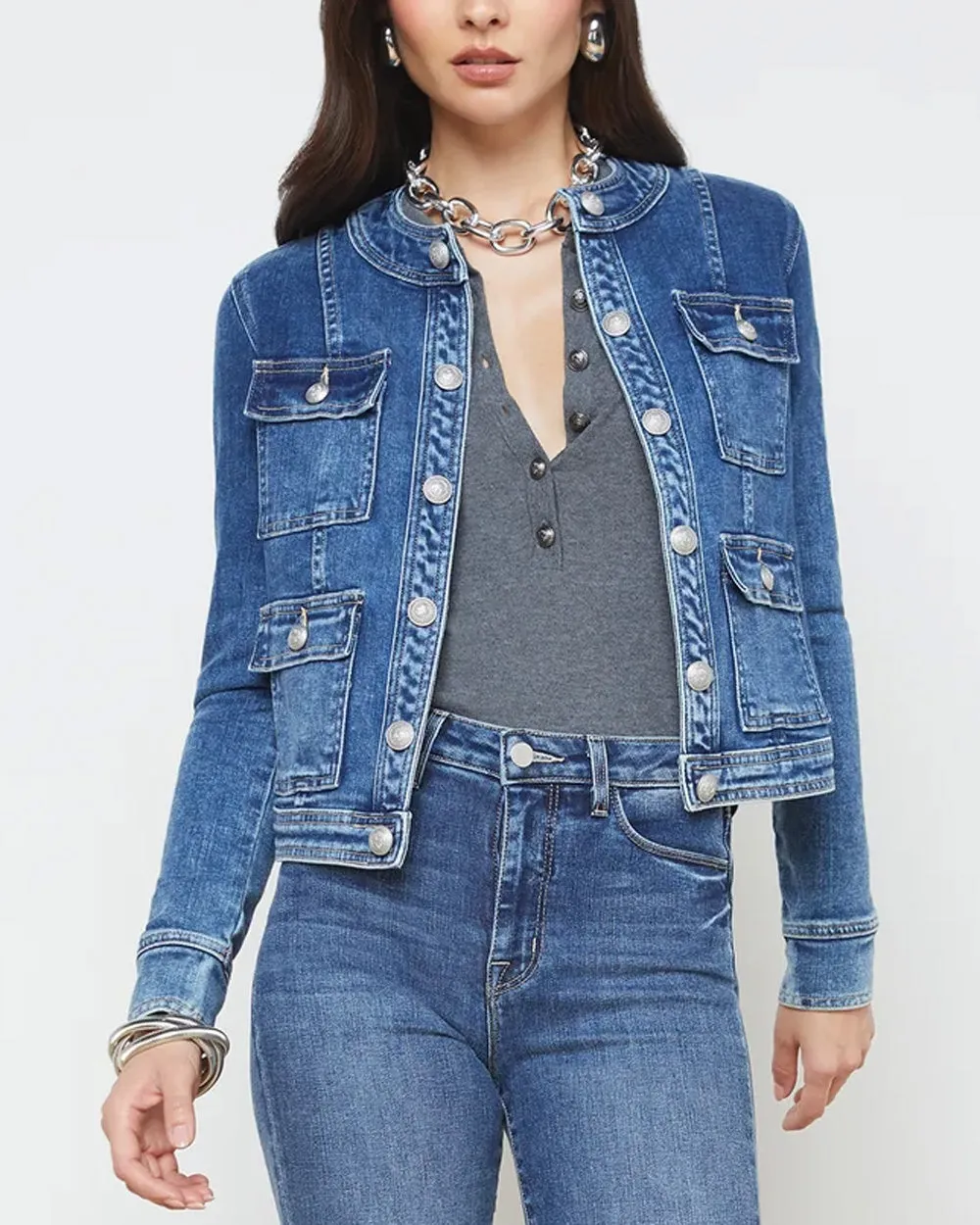Collarless Yari Denim Jacket in Rhodes