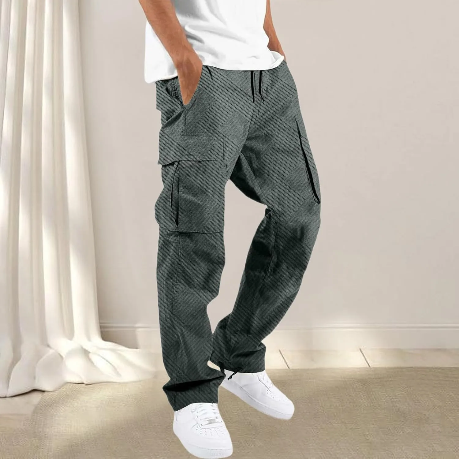 CRNTCEM Men's Casual Cargo Sweatpants Drawstring Quick Dry Outdoor Hiking Fishing Camping Casual Trousers with Multi Pocket