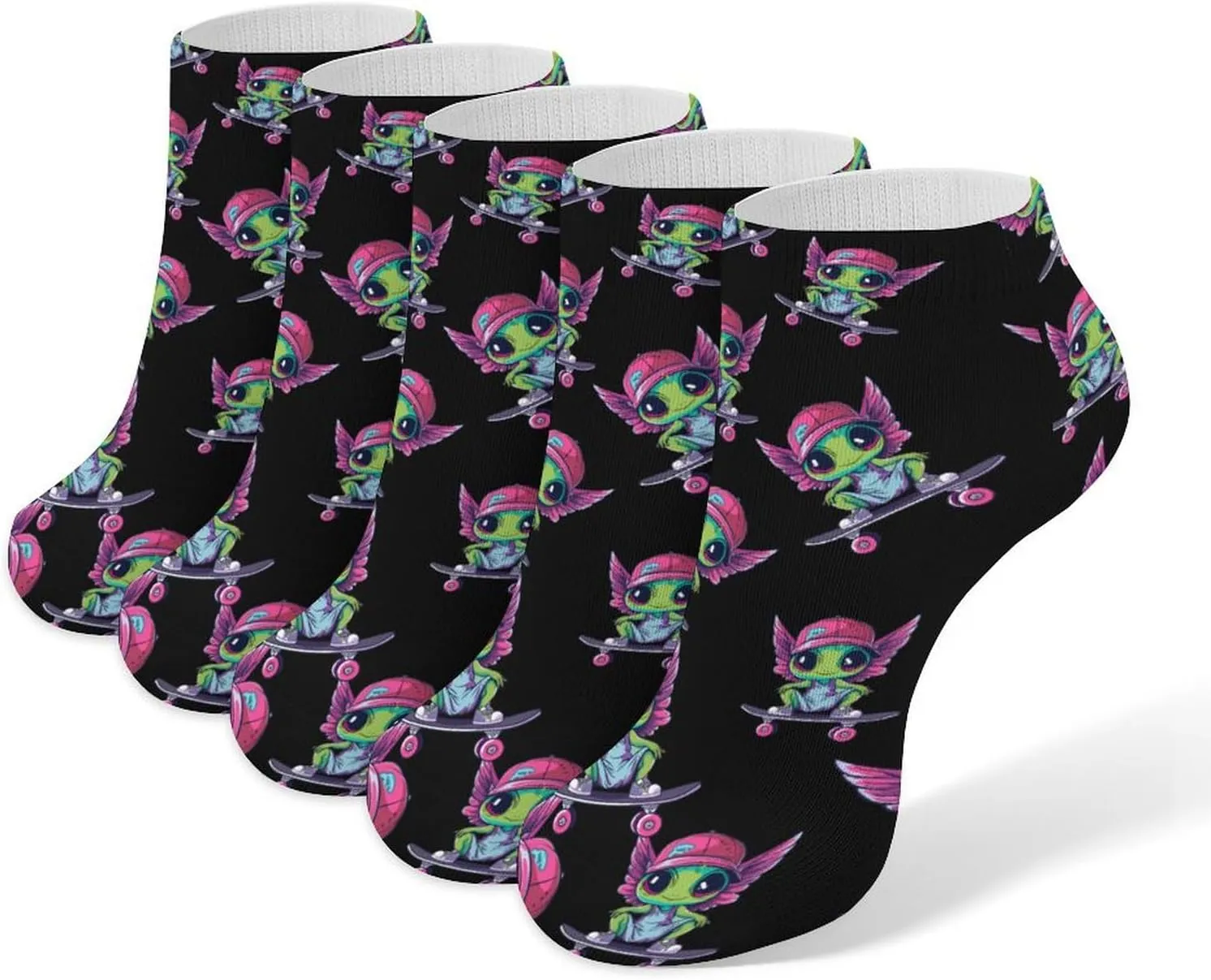 Cute Aliens Skateboard 5 Pairs Ankle Socks Low-Cut Non Slip Athletic Running Flat Sock for Men And Women