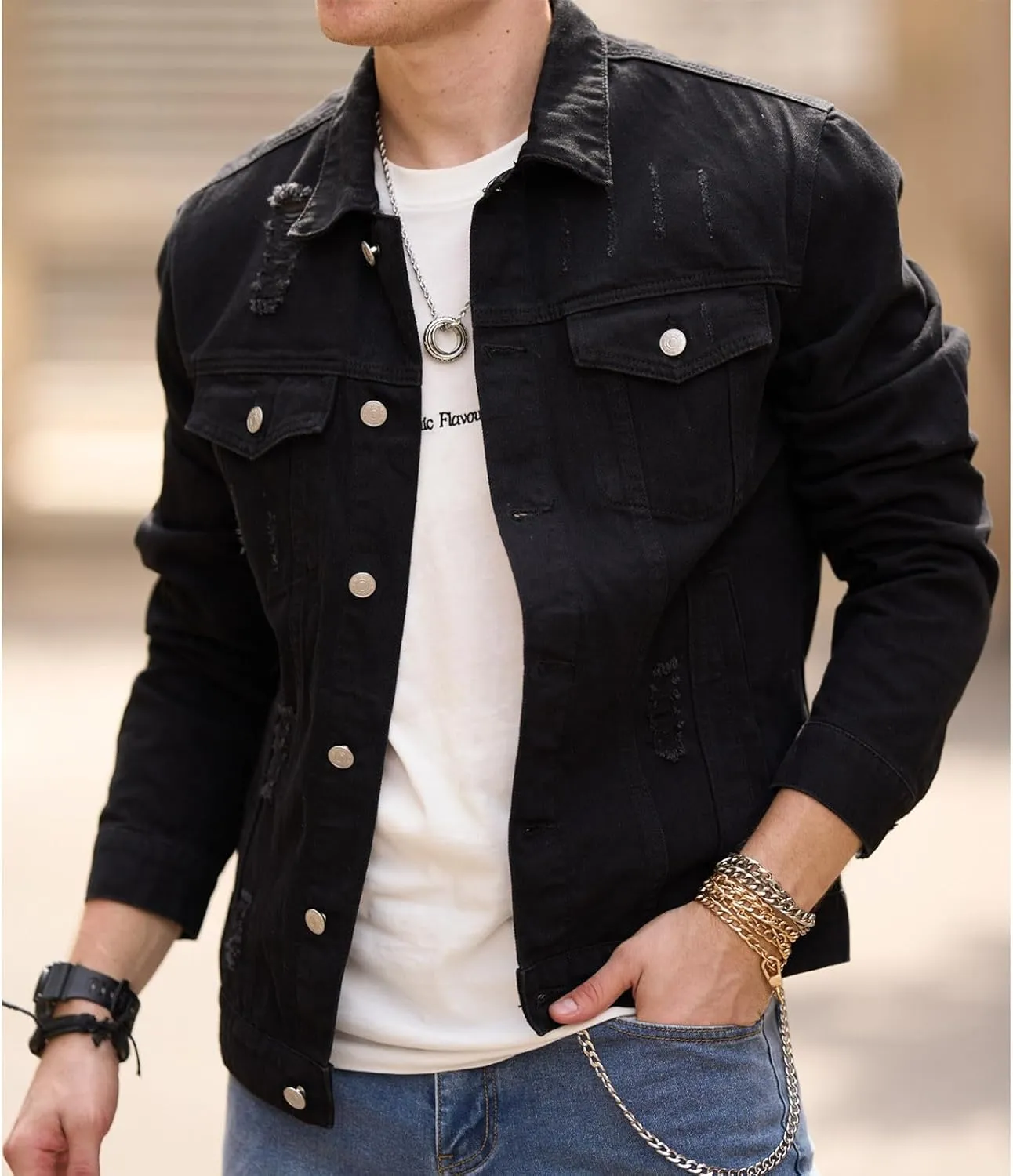 Denim Jacket for Man Collar Long Sleeve Outfits Button Down Fall Plus Size Slim Basic Western Coat Ripped Cardigan 2025
