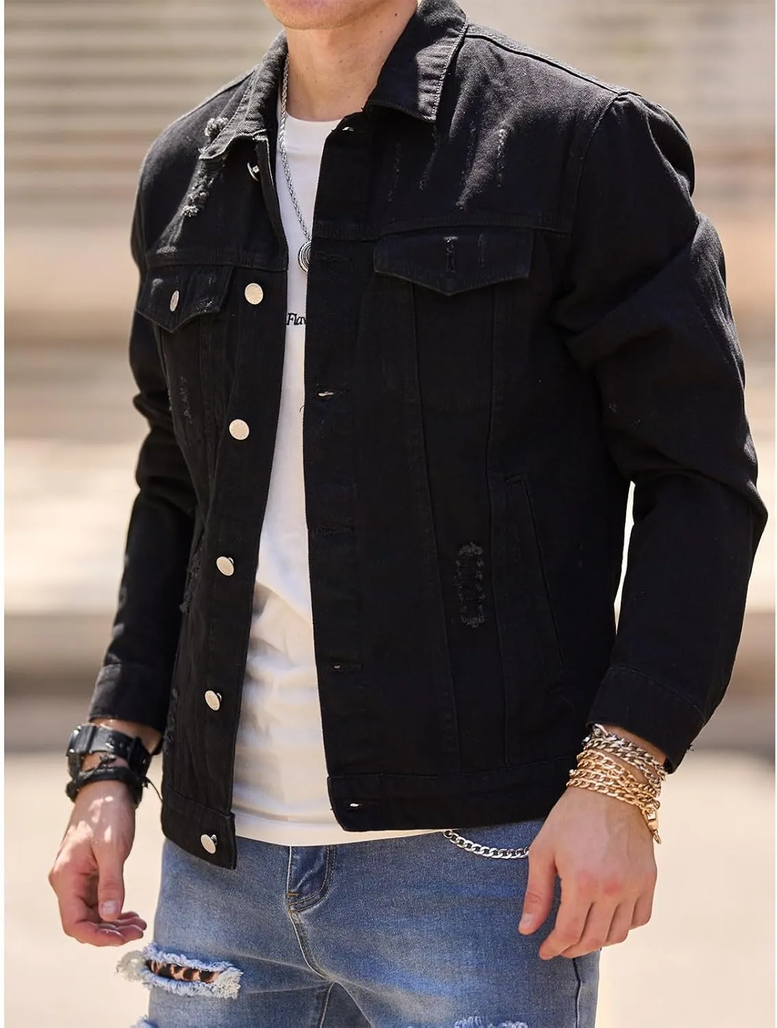 Denim Jacket for Man Collar Long Sleeve Outfits Button Down Fall Plus Size Slim Basic Western Coat Ripped Cardigan 2025